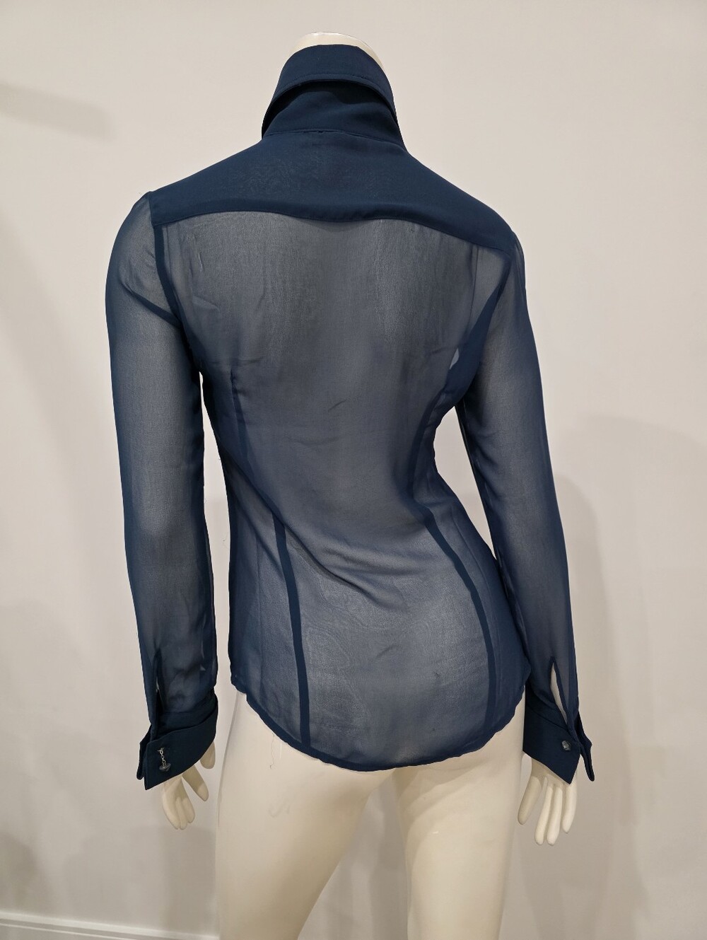 Rare Kor@Kor Sheer Dark Turquoise Satin Pleated Bib Button Down Blouse - Picture 12 of 14